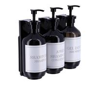 Tendance - Set de 3 distributeurs Plastique Noir 500 ml Imprimé avec Support Mural à Fixer ou 3m - Noir - Salle de Bain - Accessoire Salle de Bain à Poser