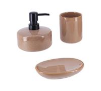 Tendance - Set Gobelet Distributeur à Savon et Porte Savon Grès Laqué - Caramel- Salle de Bain - Accessoire Salle de Bain à Poser