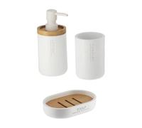 Tendance - Set Gobelet Distributeur à Savon et Porte Savon Polyrésine - Blanc/Bambou - Salle de Bain - Accessoire Salle de Bain à Poser