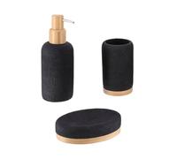 Tendance - Set Gobelet Distributeur à Savon et Porte Savon Polyrésine Effet Maille et Bambou - Noir - Salle de Bain - Accessoire Salle de Bain à Poser