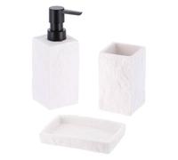 Tendance - Set Gobelet Distributeur à Savon et Porte Savon Polyrésine Effet Pierre - Blanc - Salle de Bain - Accessoire Salle de Bain à Poser