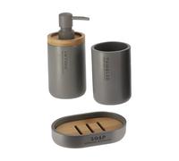 Tendance - Set Gobelet Distributeur à Savon et Porte Savon Polyrésine - Gris/Bambou - Salle de Bain - Accessoire Salle de Bain à Poser