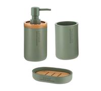 Tendance - Set Gobelet Distributeur à Savon et Porte Savon Polyrésine - Kaki/Bambou - Salle de Bain - Accessoire Salle de Bain à Poser