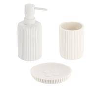 Tendance - Set Gobelet Distributeur à Savon et Porte Savon Polyrésine Striée - Blanc - Salle de Bain - Accessoire Salle de Bain à Poser