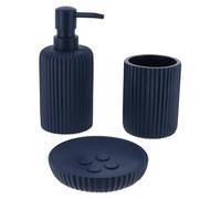 Tendance - Set Gobelet Distributeur à Savon et Porte Savon Polyrésine Striée - Bleu Marine - Salle de Bain - Accessoire Salle de Bain à Poser