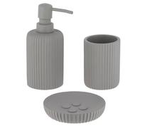 Tendance - Set Gobelet Distributeur à Savon et Porte Savon Polyrésine Striée - Gris - Salle de Bain - Accessoire Salle de Bain à Poser