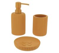 Tendance - Set Gobelet Distributeur à Savon et Porte Savon Polyrésine Striée - Moutarde - Salle de Bain - Accessoire Salle de Bain à Poser