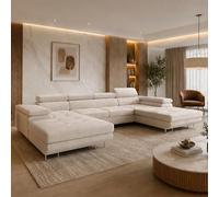 Tendencio ANNIA - Canapé d’Angle panoramique Convertible en Tissu - 6 Places - 350 cm (Beige)