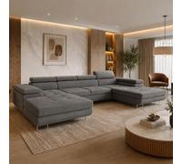 Tendencio ANNIA - Canapé d’Angle panoramique Convertible en Tissu - 6 Places - 350 cm (Gris)