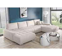 Tendencio BELUTI - Canapé d'angle panoramique en U Convertible. Tissu Design. Lit + Coffre de Rangement (Beige)