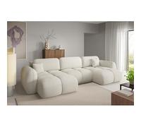 Tendencio Canapé d’Angle panoramique Convertible 6 Places PILENIA en Tissu Bouclette - 370 cm (Blanc cassé)