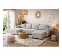 Tendencio Canapé d’Angle panoramique Convertible Zenia en Tissu - 5 Places - 330 cm (Gris)