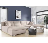 Tendencio Canapé d'angle panoramique Convertible en lit KORSE II en Tissu avec Coffre de Rangement (Beige)
