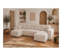 Tendencio Canapé panoramique Convertible AMBRI en Velours côtelé - 6 Places - 300 cm (Beige)