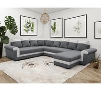 Tendencio LATTIA - canapé panoramique réversible Convertible avec Coffre - en Tissu et PU - 7 Places (Gris et Blanc)