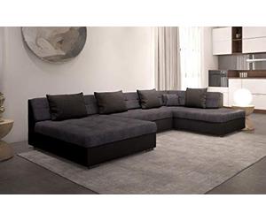 Tendencio OTIA - Canapé d'angle panoramique et Convertible XXL en U - en Simili et Tissu - Angle Droit (Gris et Noir)