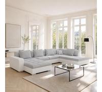 Tendencio OTISIA - Canapé d’Angle panoramique Convertible en Tissu - 6 palces - 350 cm - Angle Droit (Gris et Blanc)