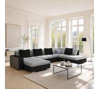 Tendencio OTISIA - Canapé d’Angle panoramique Convertible en Tissu - 6 palces - 350 cm - Angle Droit (Gris et Noir)