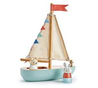 Tender Leaf Toys Bateau à Voile en Bois avec fanions et Deux poupées d'animaux Marins - Jeu imaginatif et développement de la Langue pour Les Enfants