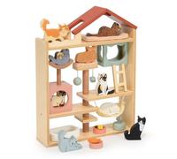 Tender Leaf Toys Purrfect Stay Cat Hotel - Ensemble de 19 animaux en bois pour simulation d'animaux - Accessoire de maison de poupée avec 9 chatons - Encourage le jeu imaginatif, la narration et