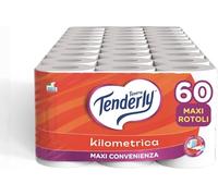 Tenderly Kilometrica Lot de 60 rouleaux de papier toilette (15 paquets de 4 rouleaux), 2 couches, 500 feuilles par rouleau, testé dermatologiquement, fabriqué en Italie