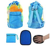 TENGWA Grand Sac de Plage en Maille avec Fermeture éclair 48 * 24cm Sac Pliable Bleu Réutilisable Rangement Jouet Plage Grand Comprend 1 Gant voyage de Plage Natation Jouets