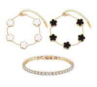 TENGWA Plaqué 18K Bracelet 3 Pièces Bijoux Bracelet Trefle 17+5 cm Bijoux Porte Bonheur Noir Blanc et Diamants Four Leaf Clover pour Anniversaires Saint-Valentin Fête des Mères et Nouvel