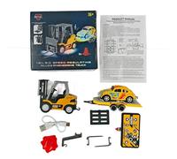 TENIREALX 1:64 RC Chariot élévateur d'ingénierie avec remorque et barrages routiers, effets sonores et éclairage LED, télécommande 2,4 GHz, réglage à 3 vitesses, véhicule de chantier