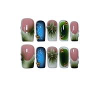 TENPAL Y2K Faux ongles à presser brillants faits à la main - Carré moyen et long - Vert glacé - Blush floral 3D en relief - Faux ongles brillants pour femme - Vert dégradé - Pour l'automne d'hiver