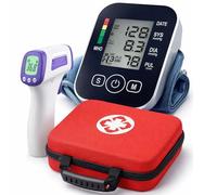 Tensiomètre Bras Électronique + Thermomètre Frontal Sans Contact - Kit Santé Complet à Domicile - Mesure Rapide & Précise - Écran Large - Mallette Incluse - Idéal Famille & Seniors - Piles Incluses