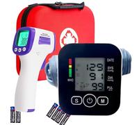 Tensiomètre Bras Électronique + Thermomètre Frontal Sans Contact - Kit Santé Essentiel à Domicile avec Mallette de Rangement - Écrans Larges - Famille & Seniors - Piles Incluses