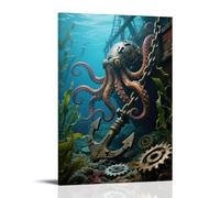 Tentacules mécaniques de pieuvre enroulant autour d'une chaîne d'ancre de bateau englouti, les élèves sont des engrenages rotatifs, des algues se balancent autour de l'art mural contemporain à