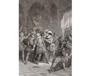 Tentative d'assassinat sur William Prince d'Orange par Juan de J uregui à Anvers le 18 mars 1582. Juan de J uregui a été tué par les gardes du prince. William a survécu à cette tentative seulement