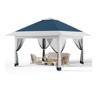 Tente-baldaquin pop-up hexagonale de 4 x 4 m avec moustiquaire, protection UV, abri d'extérieur imperméable avec parois latérales en maille pour jardin, terrasse, camping, bleu marine