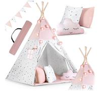 NUKIDO Enfants tipi en Coton et Cadre en Bois de Style Montessori avec 3 Coussins - Guirlande aérée - 120 x 120 x 160 cm - Rose