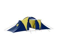 Tente de Camping Familiale, 9 Personnes, 3 Chambres Spacieuses, Polyester Imperméable, Tente Trek et Tente de Plage, avec Moustiquaire et Auvent, Bleu et Jaune, Dimensions 570 x 385 x 170 cm