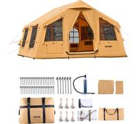 Tente de camping gonflable 8-12 personnes avec pompe à main, 4,8x3,6x2,2 m Tente glamping avec 2 lanterneaux, baldaquin, raccordement au four, 2 portes & fenêtres en filet, sac de rangement