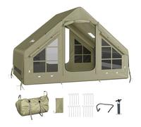Tente de camping gonflable Outsunny avec pompe et orifice pour réchaud, tente gonflable facile à monter pour 2 à 4 personnes, tente gonflable de luxe imperméable avec fenêtres et portes en filet,