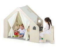 CostwayTente de Jeu Intérieure 6 en 1 en Bois pour Enfants Tableau Noir Table de Bureau Chaise Bac de Rangement Tapis de Sol pour les 2-6 ans Beige
