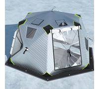 Tente de pêche sur glace avec grille d'aération pour poêle, abri hexagonal à 6 côtés pour 3 à 8 personnes, avec grandes fenêtres et tapis de glace antidérapant