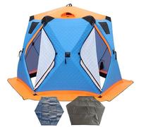 Tente de pêche sur Glace isolée 6-12 Personnes avec poêle, Sol et Tapis｜Double Couche 210D Oxford, Coupe-Vent et Chaude, 4 fenêtres TPU, Portes Double Zip, avec Sac de Transport Blue-8-12Person