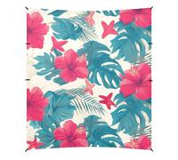 Tente de plage hawaïenne pliable avec feuilles tropicales, hibiscus rouge, étoile de mer, UPF50, installation facile, grand pare-soleil avec pelle à sable, sacs de sable pour jardin et camping