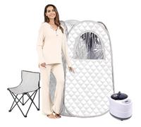 Tente de sauna pop-up pour 1 personne, boîte de sauna portable pour la maison, avec boîte à vapeur de 3 l, chaise pliable, 9 niveaux, 95 minutes pour la relaxation et la maison (blanc, édition Deluxe)