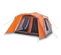 Tente familiale avec auvent pour 9 personnes, gris et orange, fermeture rapide, polyester 190T avec revêtement PU, idéale pour le camping et les aventures en plein air