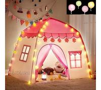 Tente pour enfants maison de jeu avec guirlande lumineuse LED - Tente de jeu pliable pour filles avec sol et fenêtre - Intérieur et extérieur - Rose blanc - KRUZZEL