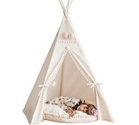 Tente tipi MINICAMP Originale pour Enfants - Toile de Coton Naturel & Tente de Jeu en Bois pour Enfants - pour Filles & garçons - Tipi Enfant Extra-Stable avec Pompons