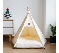 Tente tipi pour chien ou chat avec tapis rembourré en toile de coton avec pompon, lit sucré, maison lavable pour chien ou chat, avec coussin épais (beige, 50 x 50 x 60 cm)
