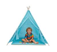 Tente tipi pour enfant - 120 x 120 x 140 cm - En coton - Avec tapis et guirlande lumineuse - Tente de jeu pliable - Idéale pour chambre d'enfant, chambre à coucher - Bleu