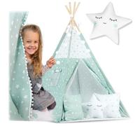 Nukido Tipi Tente pour Enfants avec Lumières, 3 Coussins, Tapis Isolant et Housse - Style Montessori - Facile à Plier - Tapis de Jeu en Coton - 120 x 120 x 165 cm, Vert/Blanc