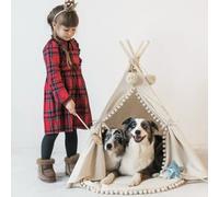 Tente tipi pour grand chien avec pompoms ecru